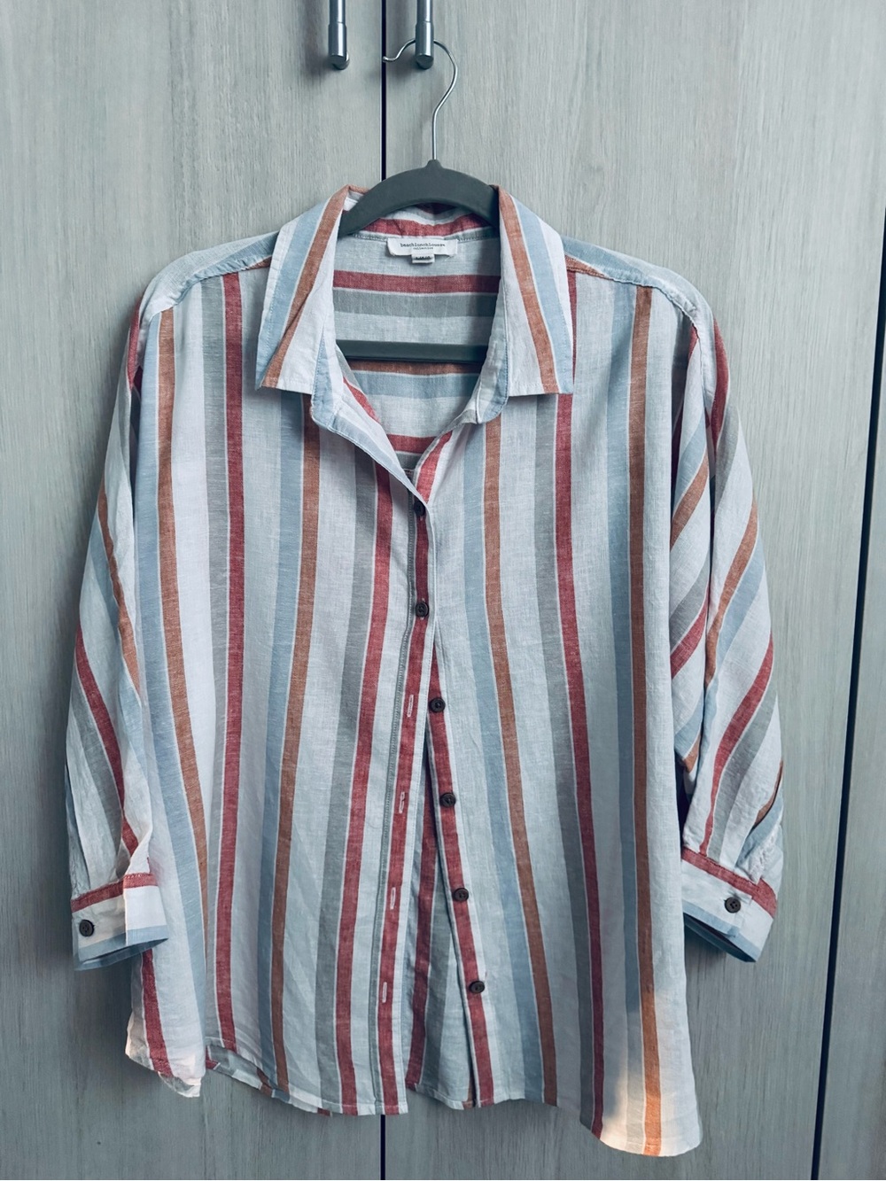 Relaxed Stripe Button-Down Shirt in Light Blue, Rust & Tan Sz L